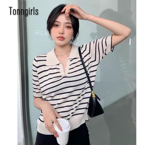 Tonngirls Summer Korean Style Polo Shirt Short Sleeve Striped Turn-down Collar T Shirts Women Knitted Vintage Tshirt Japanese