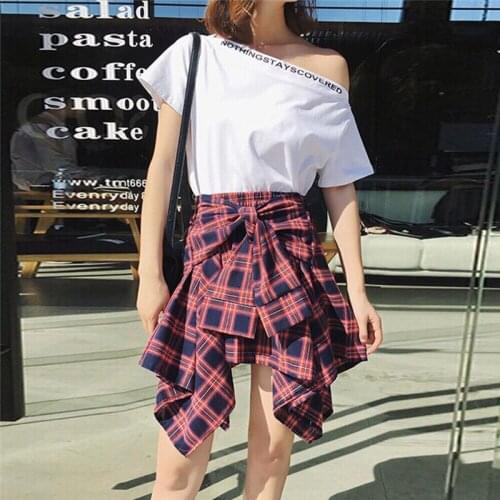 Womens Plaid Skirts Vintage High Waist Pocket Bow Belt sexy Skirt Lace-Up Boho Summer lady Skirt Asymmetrical
