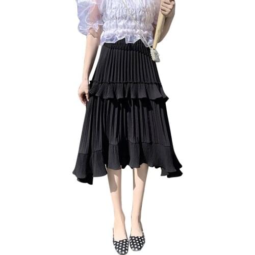 2021 New Spring Autumn Women High Waist Slim Long Skirt Korean Sweet Ruffles Asymmetrical Pleated Hem Cake Skirt