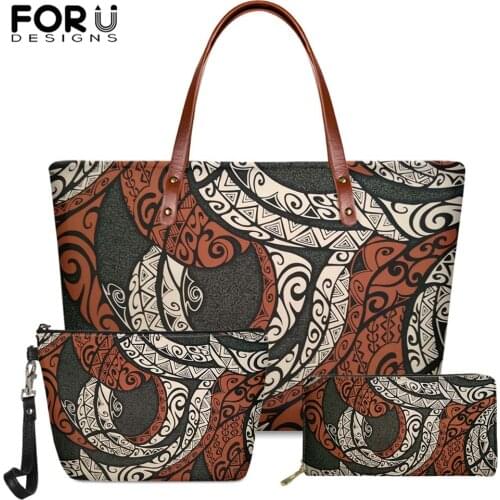 FORUDESIGNS Polynesian Vintage Tribal Tattoo Print 3set Women Fashion Large Capacity Handbag And Long Wallet High Quality Totes