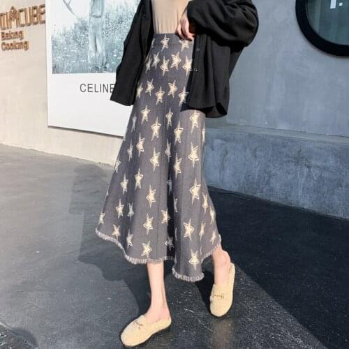 2021 Women Autumn Winter Knitted Stars Long Sweater Skirt Elastic High Waist A-line Maxi Tassel Skirts