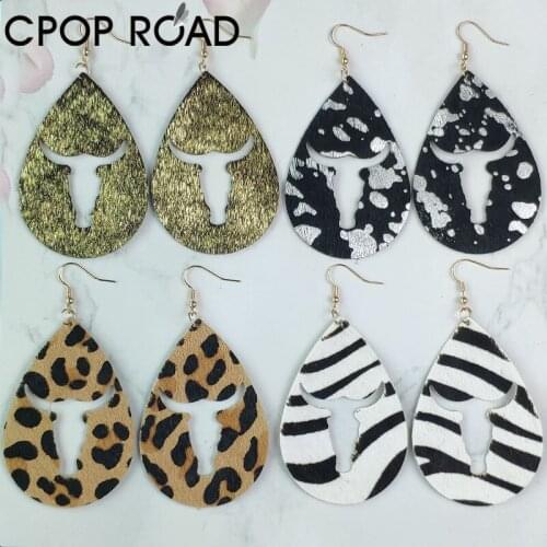 Hollow Bull Head Genuine Cowhide Leather Earrings for Women Leopard Zebra Big Water Drop Earrings Fashion Jewelry Accessories