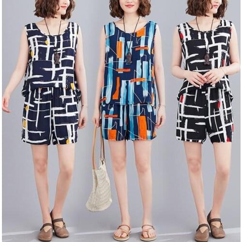 Two Piece Women Summer Short Sets 2021 New Fashion Cotton Print Sleeveless Casual Ladies Tops Blouse Elastic Waist Clothes Set