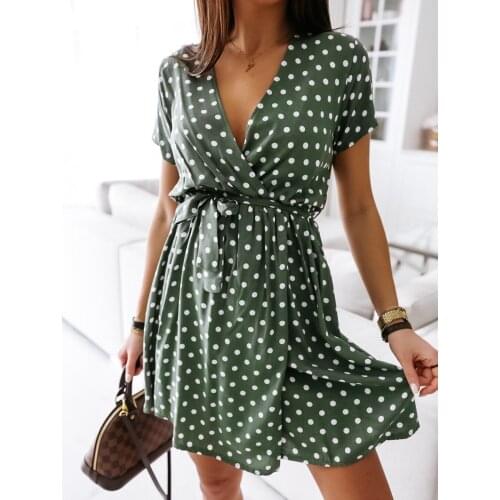 Women Summer Beach Chiffon Dress Casual Short Sleeve Polka Dot Lace-Up Boho Mini Party Dress Elegant V Neck Sundress Vestidos