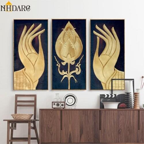 3 Panels Chinese Style Mother Buddha Lotus Hand Posters and Prints Canvas Painting Art Wall Pictures for Living Room Home Decor