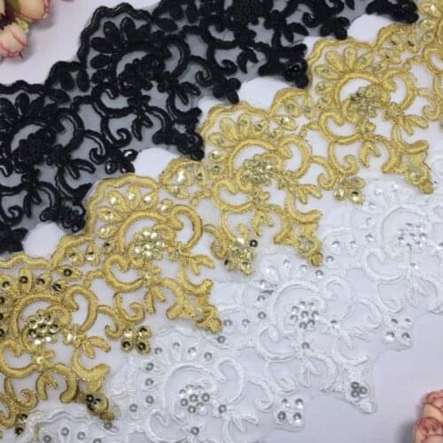 3Yards White/Black/Gold Sequins Lace Trim Organza Beaded Sewing On Lace Fabric Applique For Wedding Bridal Dress