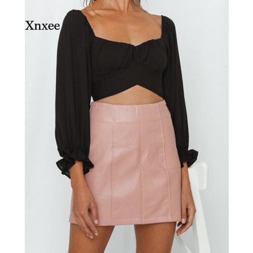 Spring and Summer Womens Square Neck Blouse Fashion Long-Sleeved Solid Color Bow Tie Shirt Lantern Sleeve Short Blouse Chiffon