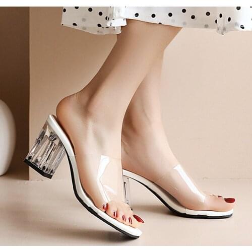 Transparent Crystal Woman Shoes High Heels Sexy Peep Toe Outside Slippers 2021 Summer New Fashion Mules Sandals Black Whtie Red
