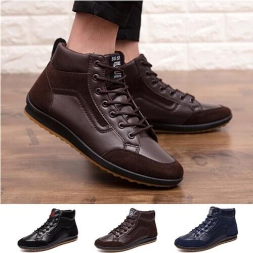 Fashion Men PU Leather Boots Male Casual All Matching Spring Autumn Lace Up High Top Flat Shoes 3 Color