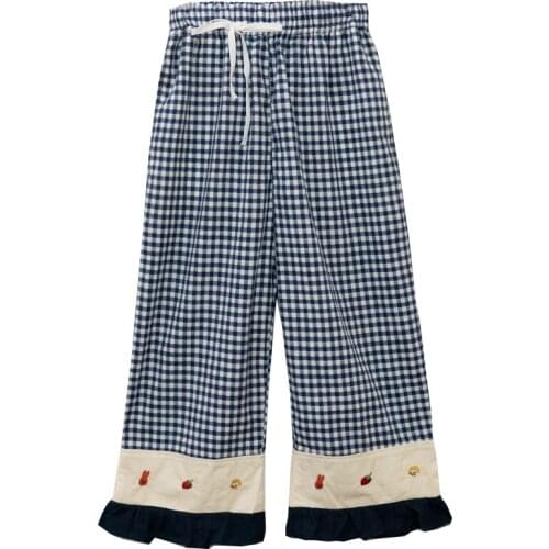 Plaid Print Stitching Lace Embroidery Wide Leg Pants New Womens Cotton Cropped Trousers Suitable For Teenage Girls Pants