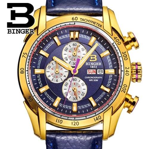 Japan Movement Switzerland Mens Watch Luxury Brand Wristwatches BINGER Quartz Male clock Chronograph Diver glowwatch B1163-7
