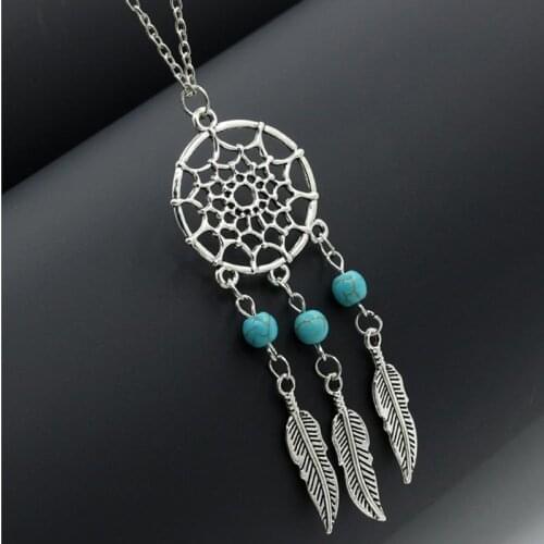 Long pendant necklace sweater Necklace net feather pendant blue bead silver color plated Metal Chain