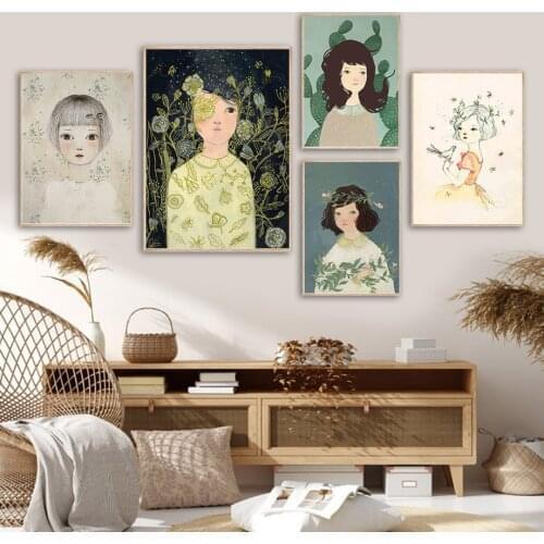 Cactus Girl Flower Leaf Bird Nordic Posters And Prints Wall Art Canvas Painting Wall Pictures For Living Room Surrealism Decor