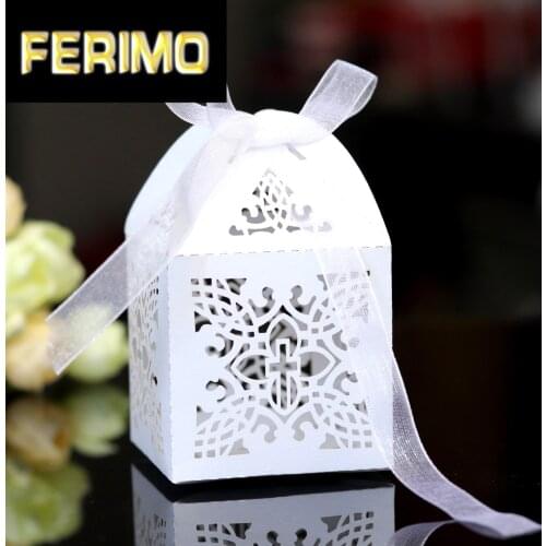 Cross Laser Cut Candy Gift Boxes Baptism Favor Boxes for Christening Baby Shower Wedding Party Church Decoration with Ribbon