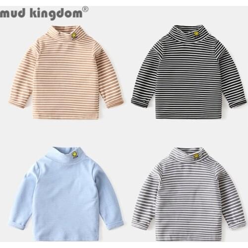 Mudkingdom Boys Girls Undershirts Stripe Smiley Long Sleeve Mock Neck T-shirts Autumn Winter Casual Kids Tops Children Clothing