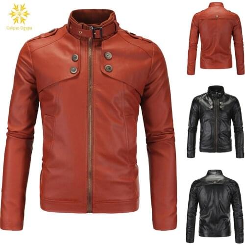 Fashion Buttom Striped New Mens Slim Stand Collar Short Paragraph Motorcycle Faux Leather Jacket Jackets For Male COML59