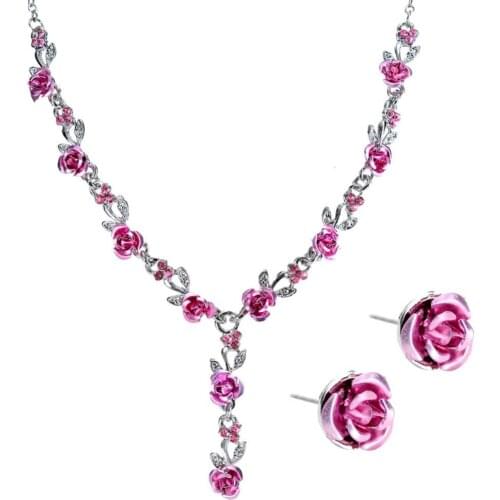 2Pcs/Set Fashion Acrylic Rose Pendant Stud Earrings Necklace Women Jewelry Gift