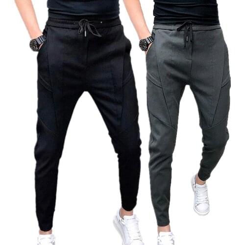 Fashion Mens Casual Pants Black Blue Summer Ankle Length Pants Men Sizes 28-36 Teen drawstring trousers