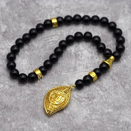 MU32351 Gold Plated Onyx Agate Allah Muslim Islamic Prayer Beads Sibha Tasbin Worry Bead Jewelry