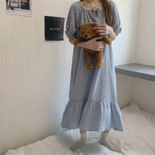 Blue Cherry Print Summer Nightgown Women O-Neck Short Sleeve Cotton Long Sleepwear Loose Kawaii Home Clothes Lace Ruffles