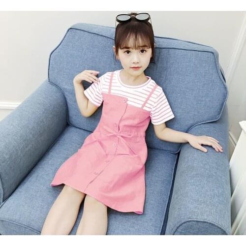 Girls Dress Summer New Patchwork Preppy Style Short Sleeve Striped Fake Two Dresses Elegant Children Clothes Princess Dress Girl