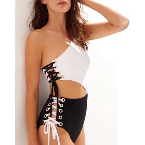 Sexy Bandage Swimwear 2021 Black White One Piece Single Shoulder Push Up High Waist Solid Color Adults Bikini With Chest Pads
