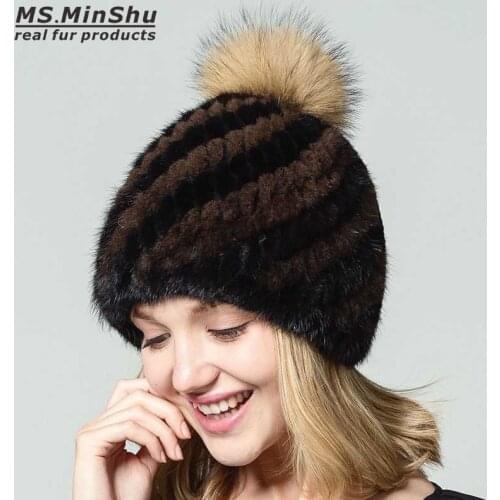 Ms.MinShu Mink Fur Beanies Cap With Fox Fur Pompoms For Women Female Cap Winter Knitted Real Mink Fur Hat Women Bobble Hat