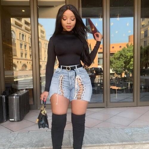 VAZN 2021 Summer Plus Size Cross Bandage Top Solid Upsurge Hollow Out Sexy Young Daily Fashion High Waist Short Denim Pants