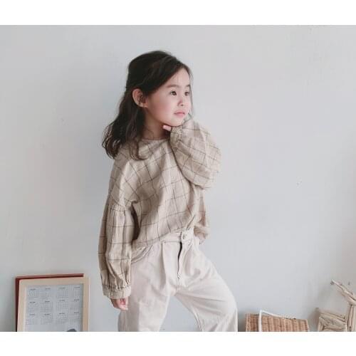 Spring and Summer girl cotton hemp Shirt new style lantern cuff T cotton Hemp shirt girls shirts Plaid