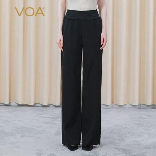 VOA 36m/m Elastic Heavy Crepe Stitching Fold Pocket Black Natural Waist Invisible Zipper Straight Wide Leg Pants Woman KE372