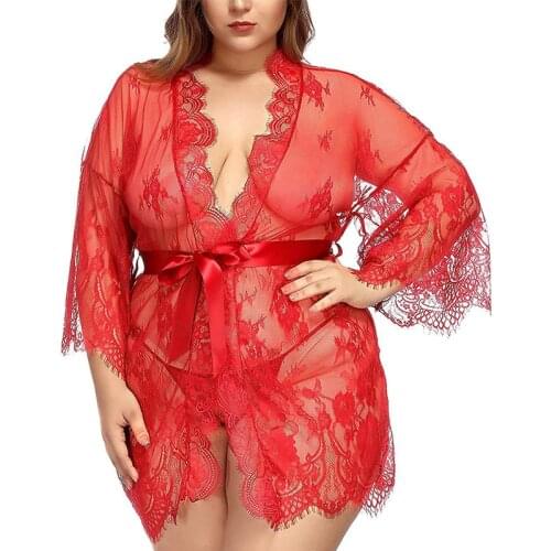 Sexy Long sleeve Dress Lace Bath Women Robe Lingerie Gown Ice Silk Nightdress Solid Color Nightgown Nightwear Plus Size