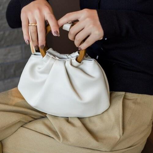 Retro Wooden Handle Pleated Handbag Women All-match Mini Messenger Shoulder Bag