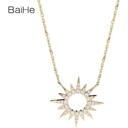 BAIHE Solid 18K Yellow Gold 0.15ct Natural Diamonds Women Fine Jewelry Engagement Wedding Trendy beautiful Sun Diamond Necklace