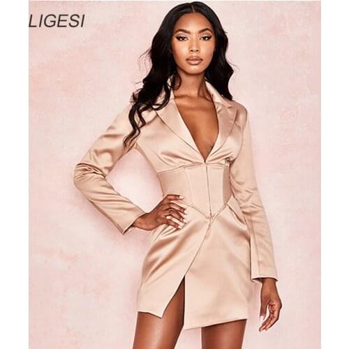 Long sleeve v neck female blazer dress Women elegant bodycon slim office ladies dress Autumn winter sexy short dress vestidos