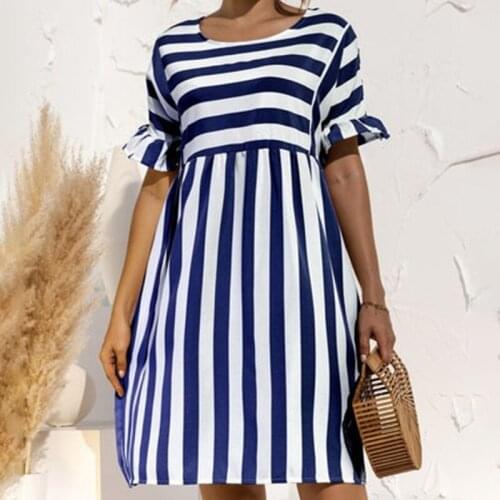 Summer New Womens Dress Fashion O-neck Short-sleeved Casual Loose Solid Flouncing Pocket Patchwork Stripe Beach Dress