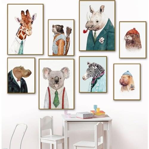 Animal With Clothes Wall Art Canvas Painting Abstract Tiger Leopard Elephant Zebra Poster Modular Pictures Aesthetic Room Decor