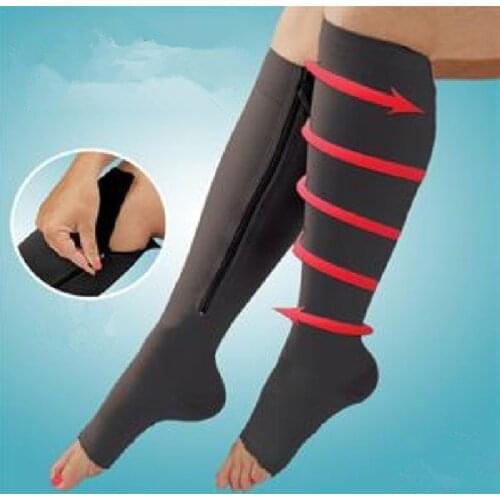 1pc Women Black Beige Open Toe Zipper Compression Stockings Soothe Achy Stovepipe Stocking Prevent Varicose Veins