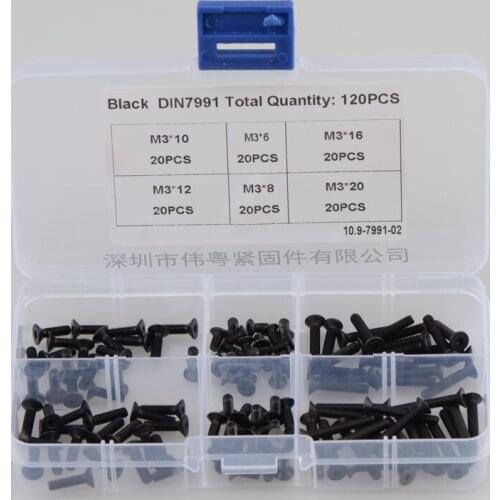 120pcs/Set Black Carbon Steel 12.9 Grade High-Strength M3*6/8/10/12/16/20mm Countersunk Head Hexagon Socket Bolts Set with Box