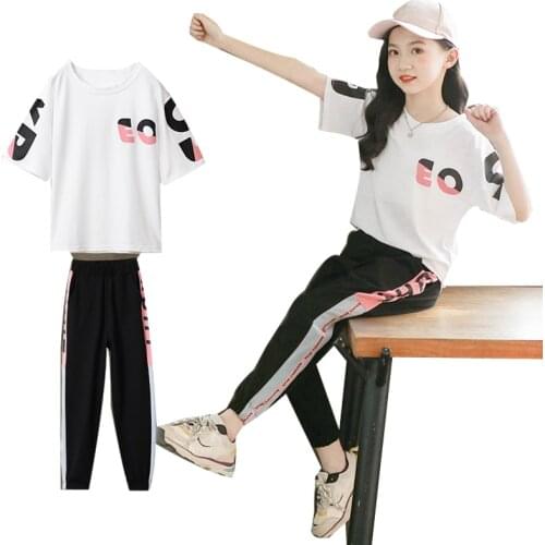 2020 Summer Kids Girls Clothes teenager Kids Short sleeve t shirt + Leggings pants Childrens Cartoon Set 4 7 8 10 11 12 year