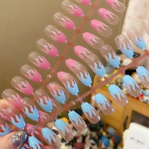 2020 New European Square Flame Fake Nails Design Blue Purple Fire Pattern Full Cover False Nails Artificial Nail Decal Art Tips