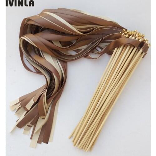50pcs/lot brown and cream wedding ribbon wands with gold bell ribbon Twirling Streamers wedding ribbon stick