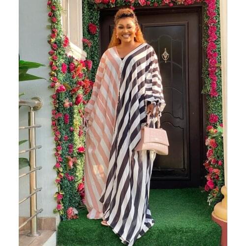 HOUSEOFSD African Fashion Loose Chiffon Stripes Dresses Robe Gowns Muslim Dress Lady Party European American Clothing With Inner