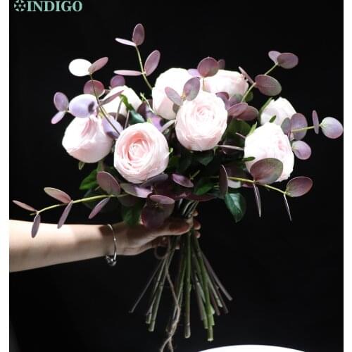 Pink Rose Bouquet Eucalyptus (9 Pcs Rose +7Pcs Leaves) Artificial Flower Wedding Home Decoration Party Centerpiece INDIGO