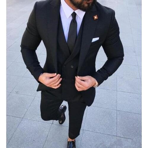 Stylish Design One Button Black Groom Tuxedos Groomsmen Peak Lapel Mens Suits Blazers (Jacket+Pants+Vest+Tie) W:1120