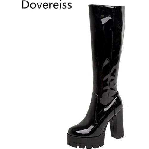 Dovereiss Fashion Female boots Winter new Elegant sexy consice Zipper Block heels Round toe Pure color Knee high boots 34-43