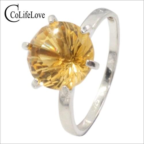 Brilliant round cut natural citrine ring for engagement 8 mm 4 ct flawless citrine ring solid 925 silver yellow crystal ring