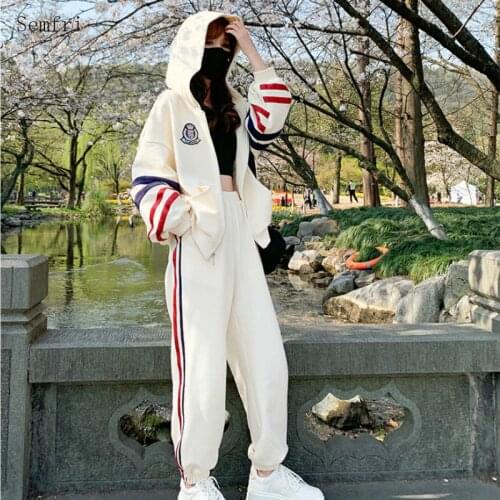 Semfri Two Piece Set Tracksuit Women Autumn Cotton Hoodies Sports Suit Female Loose Style Striped Clothes 2 Piece Set