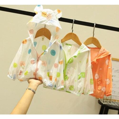 0-6year Summer Childrens Hooded Sun Protection Clothing Outwear Jacket Girls Boys Printing Long Sleeved Air Conditioning Shirt