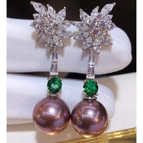 M131 Solid 925 Sterling Silver Round 10-11mm Nature Fresh Water Purple Pearls Drop Dangle Earrings for Women Fine Birthday Gifts