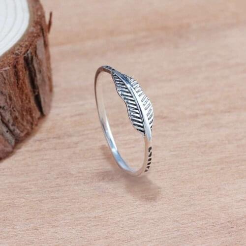 Fashion Thai Vintage Silver Color Feather Women Ring Oxidized Leaf Weave Twisted Twisted Thumb Rings for Women Wedding Jewelry